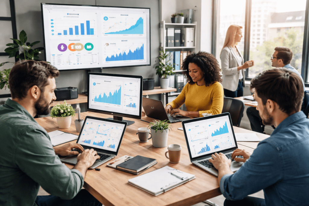 **Alt Text:** Professional digital marketing agency workspace with a team working on laptops, screens displaying social media dashboards and analytics, in a modern office environment representing trust and professionalism. social media marketing agency