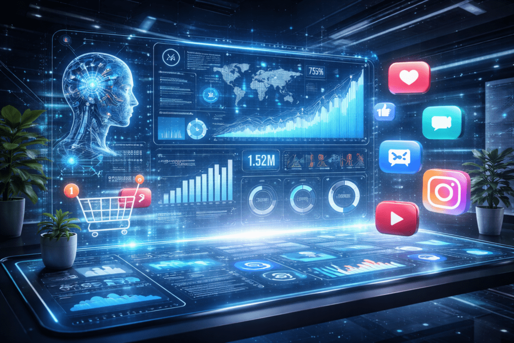 Futuristic digital marketing interface with AI-powered analytics, holographic data dashboards, rising graphs, and floating social media icons representing innovation and advanced digital marketing trends in 2026